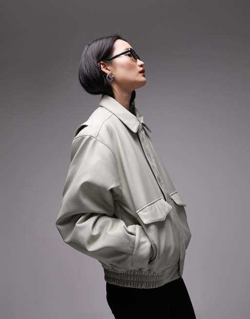 Chaqueta bomber verde salvia de cuero sintético de Topshop