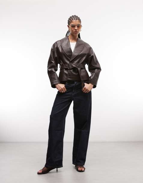 Chaqueta burdeos con cinturón de cuero auténtico de ASOS DESIGN - view 1