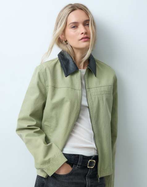 Chaqueta canvas con cuello en contraste en verde salvia - view 1