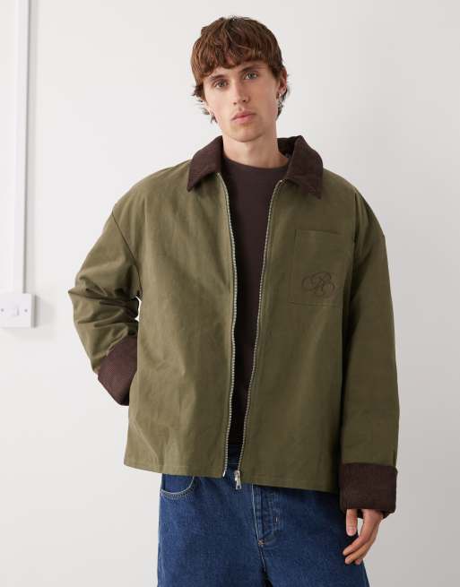 Chaqueta caqui de estilo campero con detalle bordado y solapas de pana en contraste de Reclaimed Vintage