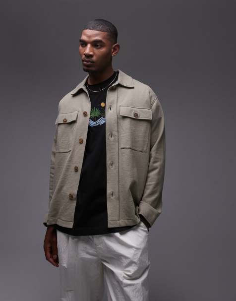 Chaqueta caqui estilo camisa abotonada extragrande de mezcla de lino de Topman - view 1