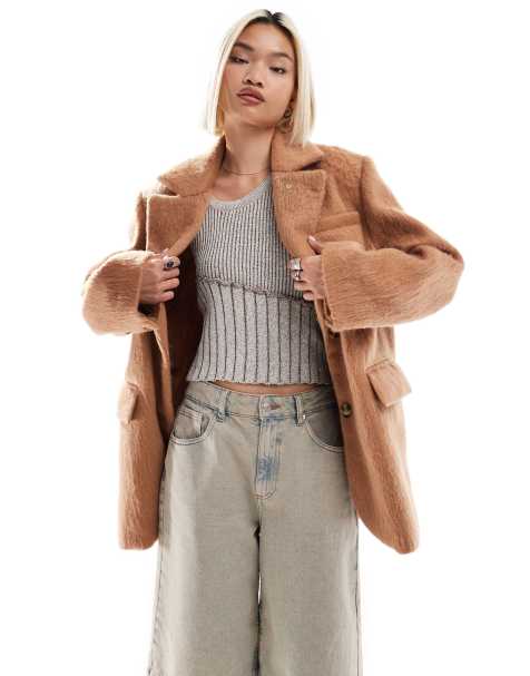 Chaqueta color camel extragrande estilo americana de tejido cepillado de Native Youth - view 1