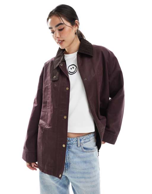 Chaqueta color ciruela con cintura entallada y solapas en contraste con acabado encerado de ASOS DESIGN 