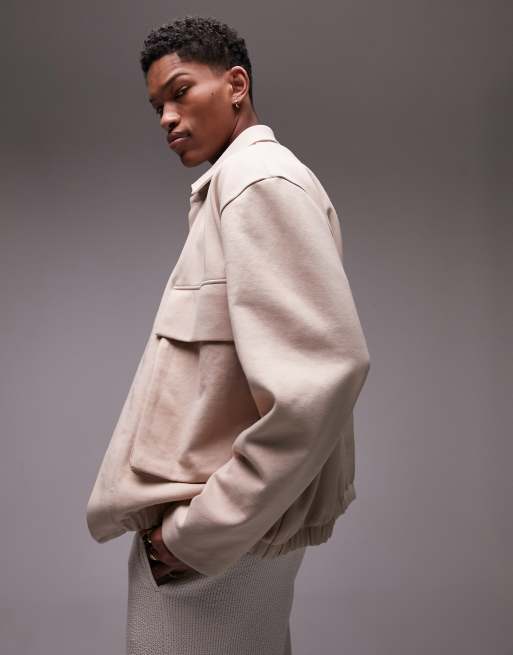 Chaqueta color piedra extragrande con bolsillos de punto de Topman