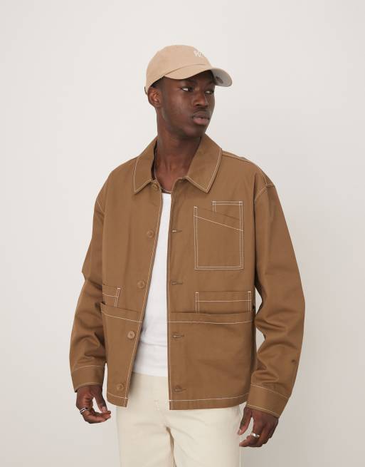 Chaqueta color tostado de corte cuadrado extragrande y estilo worker con pespuntes en contraste de ASOS DESIGN