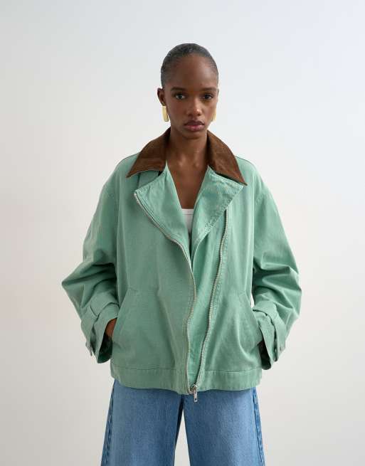 Chaqueta color turquesa con cremallera delantera y cuello de solapas de pana en contraste de Topshop