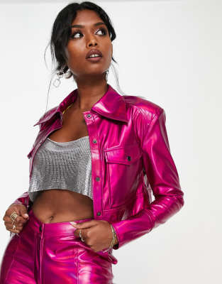 Chaqueta color uva holográfico con hombreras de cuero sintético de Annorlunda (parte de un conjunto)