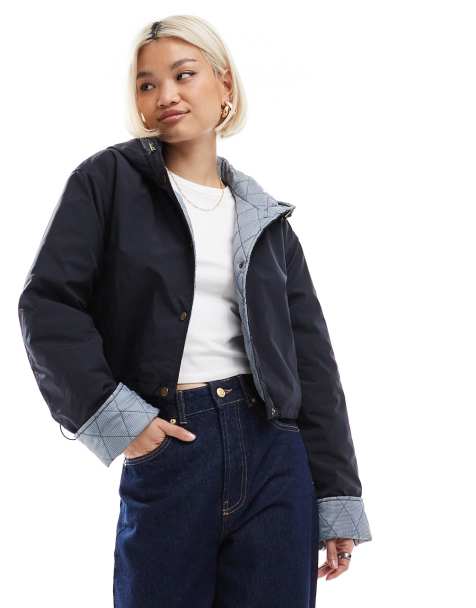 Chaqueta corta azul marino con capucha y forro de cuadros vichy de ASOS DESIGN - view 1