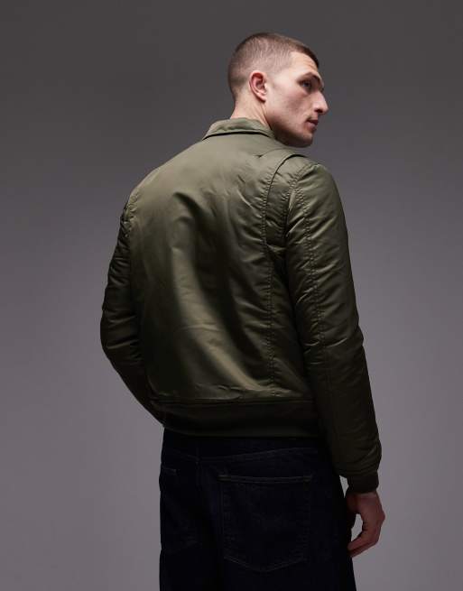 Chaqueta corta caqui acolchada con detalle de bolsillo con cremallera y parche del logo de Schott, 3 de 5