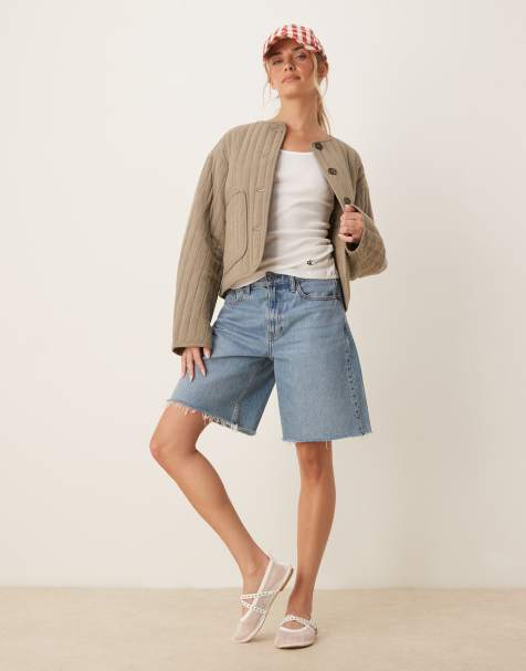 Chaqueta corta caqui guateada sin solapas de lino de ASOS DESIGN - view 1