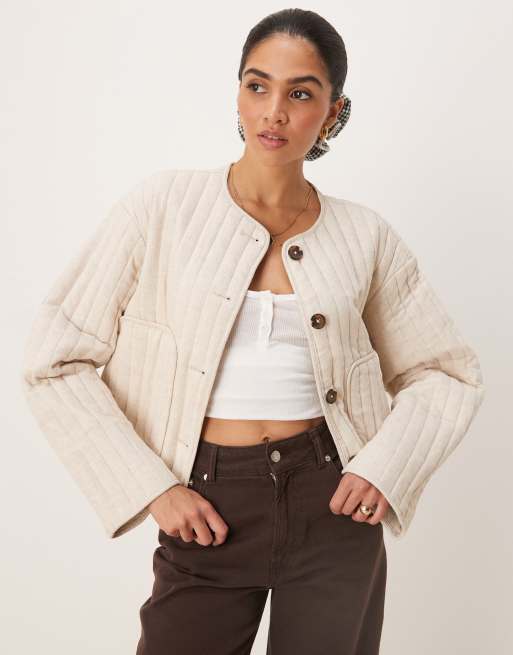 Chaqueta corta color avena guateada sin solapas de mezcla de lino de ASOS DESIGN