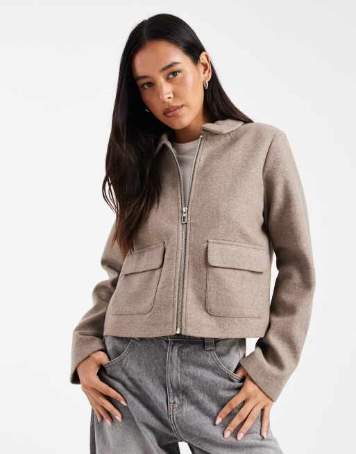 Chaqueta corta color topo con cremallera de lana sintética de ONLY
