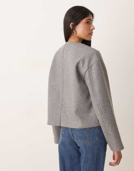 Chaqueta corta gris medio jaspeado cruzada en la parte delantera de lana de VILA, 4 de 4