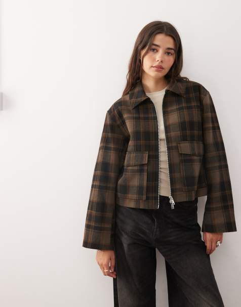 Chaqueta corta marrón a cuadros con cuello de solapas de mezcla de lana de Monki - view 1