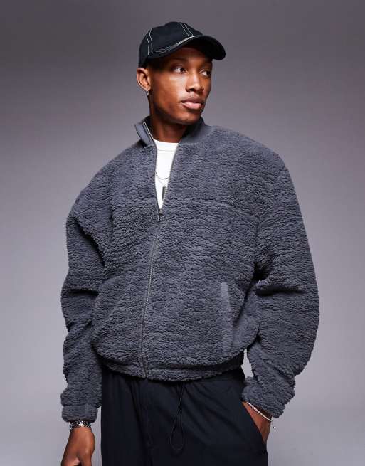 Chaqueta de chándal gris de corte cuadrado extragrande de borreguito de ASOS DESIGN
