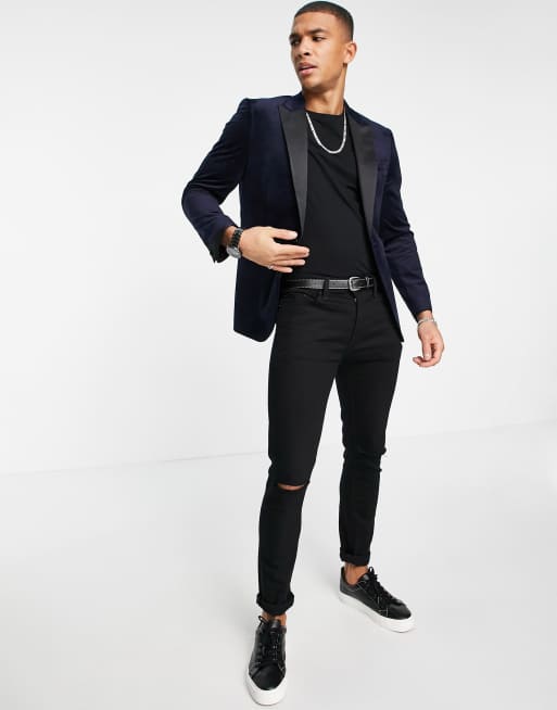 Chaqueta de esmoquin azul marino entallada de botonadura simple de terciopelo de Topman, 4 de 4