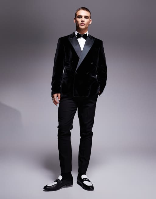  Chaqueta de esmoquin negra de corte slim con doble botonadura de terciopelo de ASOS DESIGN, 4 de 5