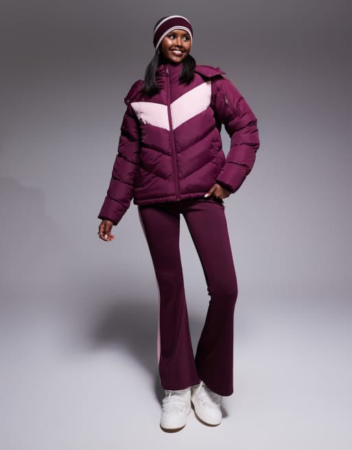 Chaqueta de esquí burdeos acolchada con paneles rosas en contraste de Threadbare Ski, 3 de 4