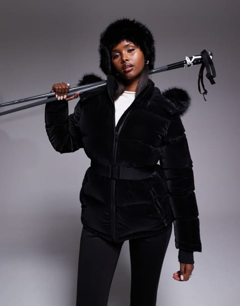 Chaqueta de esquí negra brillante acolchada con ribete de piel sintética en la capucha de Threadbare Ski - view 1