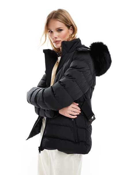 Chaqueta de esquí negra con capucha y cinturón de Threadbare - view 1
