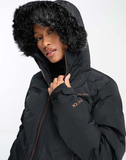 Chaqueta de nieve negra con capucha de piel sintética Artsy de