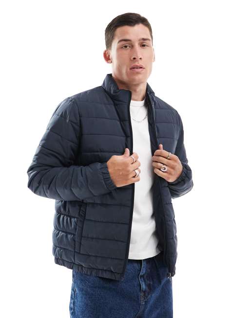 Chaqueta de plumas azul marino con cuello alzado de tejido ligero de New Look