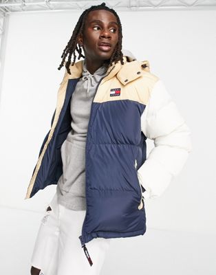 Tommy Jeans colour block Alaska polyester puffer jacket with detachable hood in beige/multi - ASOS Price Checker