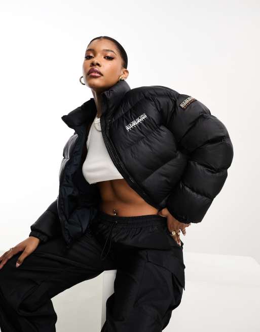 Chaqueta de plumas corta negra de corte cuadrado A-box de Napapijri