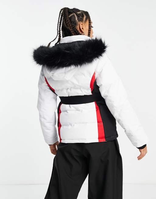 Chaqueta de plumas de esquí blanca con ribete de piel sintética en la capucha de Threadbare Petite, 2 de 4