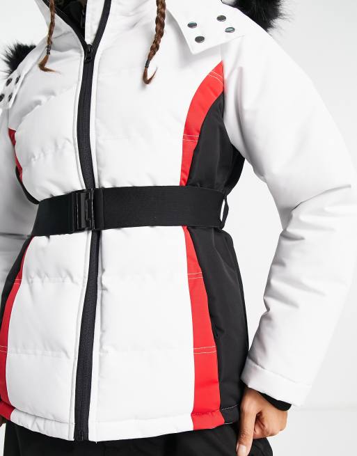 Chaqueta de plumas de esquí blanca con ribete de piel sintética en la capucha de Threadbare Petite, 4 de 4