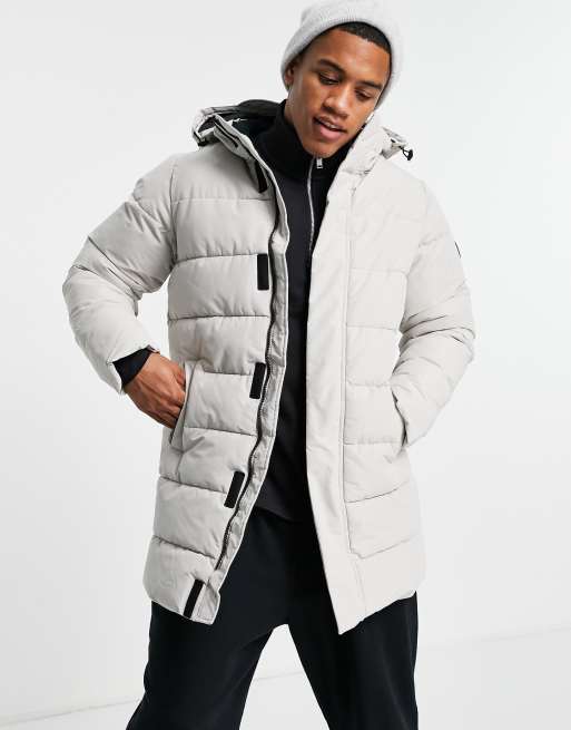 Chaqueta de plumas larga gris claro impermeable con capucha de Only & Sons