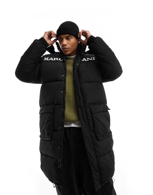Chaqueta de plumas larga negra con capucha de estilo retro de Karl Kani