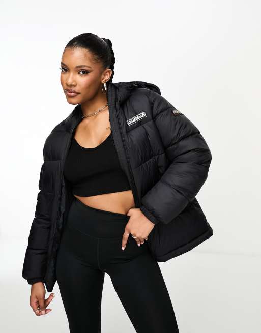 Chaqueta de plumas midi negra impermeable con capucha Box de Napapijri