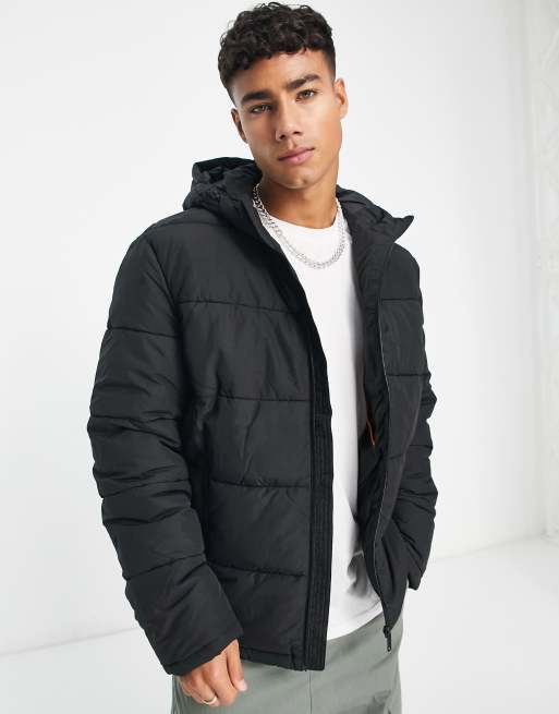 Chaqueta de plumas negra con capucha de tejido grueso de Selected Homme 