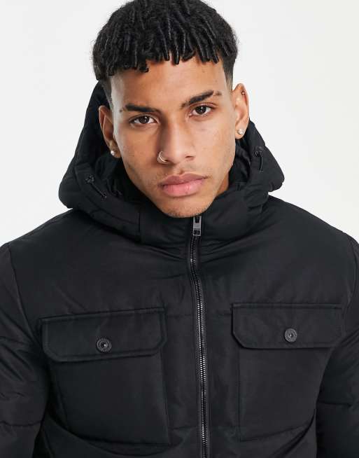 Chaqueta de plumas negra con capucha y bolsillos en el pecho de Jack & Jones Core, 3 de 4