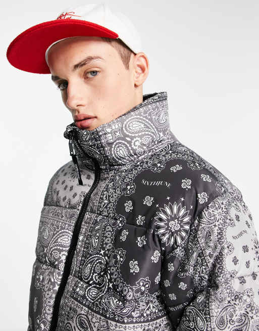 Chaqueta de plumas negra con estampado de cachemir estilo bandana de Sixth June, 3 de 4
