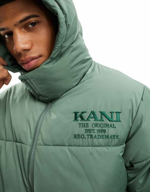 Chaqueta de plumas verde polvoriento con capucha de estilo retro de Karl Kani, 3 de 4