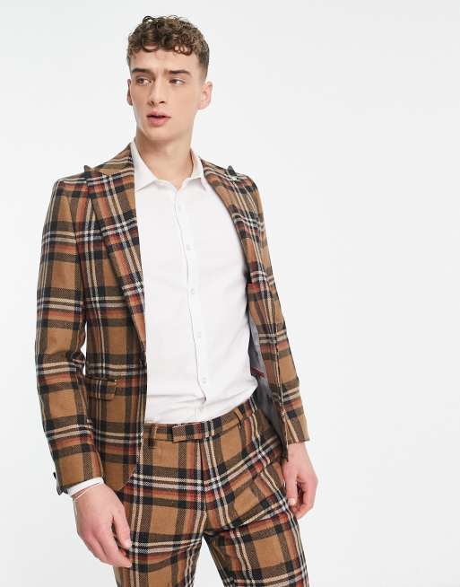 Chaqueta de traje a cuadros escoceses beis y azules de corte entallado Nevada de Twisted Tailor