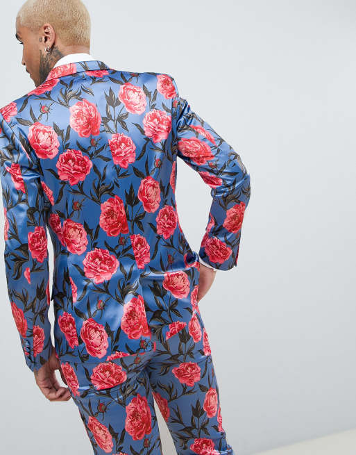 Chaqueta de traje ajustada con estampado azules y parche de ASOS EDITION | ASOS