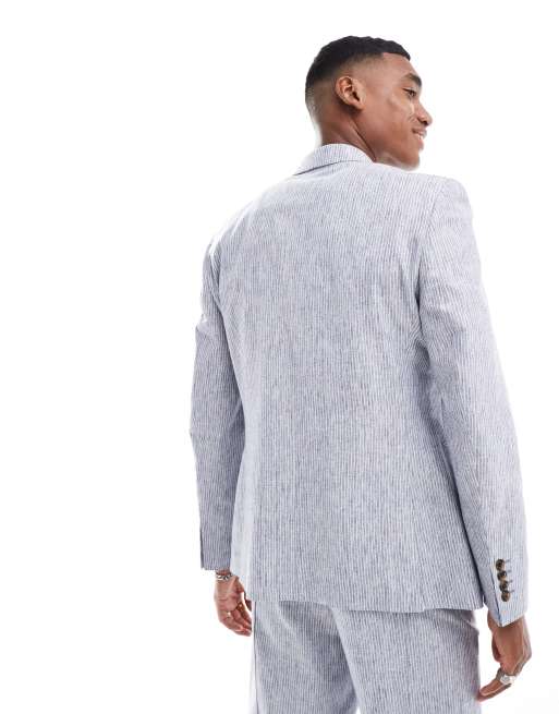 Chaqueta de traje azul a rayas de corte slim con doble botonadura de lino de ASOS DESIGN, 5 de 5