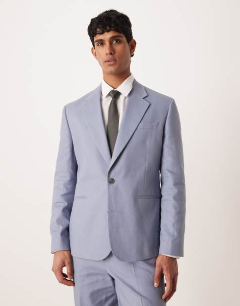 Chaqueta de traje azul claro de corte slim de tejido de espiga de mezcla de algodón y lino de ASOS DESIGN - view 1