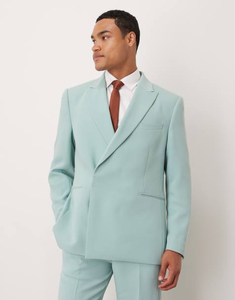 Chaqueta de traje azul de corte estándar con doble botonadura de sarga de tejido efecto lino de ASOS DESIGN - view 1