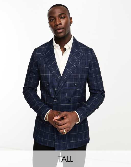 Chaqueta de traje azul entallada con estampado de cuadrícula y doble botonadura de Gianni Feraud Tall