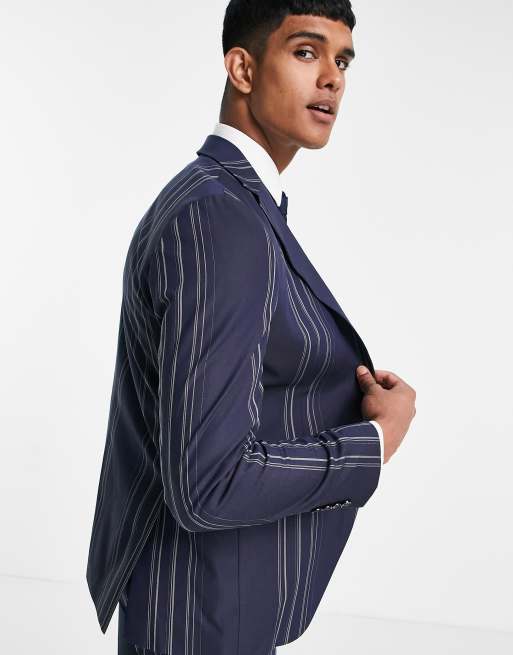 Chaqueta de traje azul marino a rayas blancas de corte slim de Selected Homme