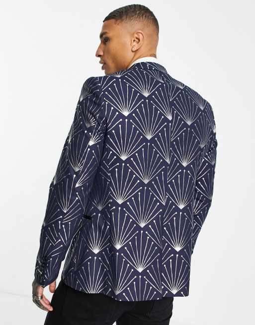 Chaqueta de traje azul marino con estampado geométrico plateado metalizado de Twisted Tailor, 2 de 4