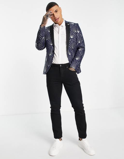 Chaqueta de traje azul marino con estampado geométrico plateado metalizado de Twisted Tailor, 3 de 4