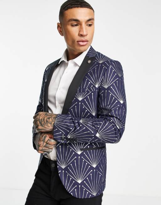 Chaqueta de traje azul marino con estampado geométrico plateado metalizado de Twisted Tailor, 4 de 4
