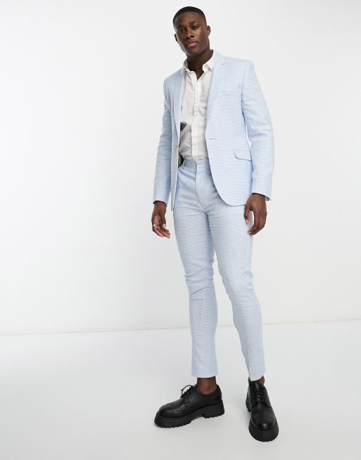 Chaqueta de traje azul muy entallada con estampado de pata de gallo pequeno de mezcla de lino de ASOS DESIGN ASOS