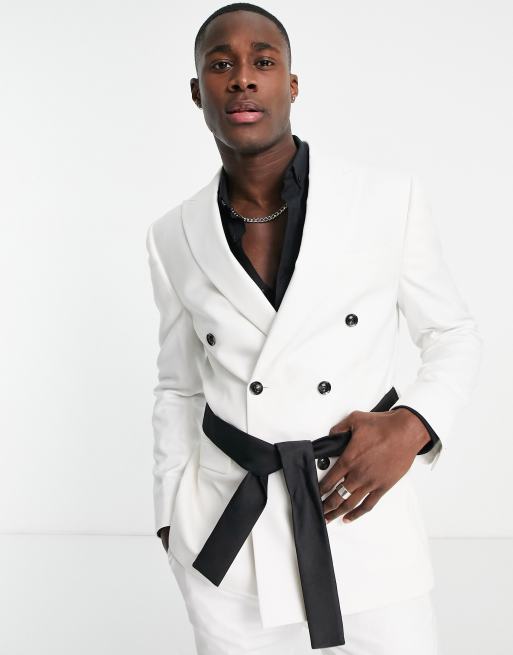Traje blanco entallado de americana cruzada de doble botonadura y pantalones pitillo de Topman, 2 de 3