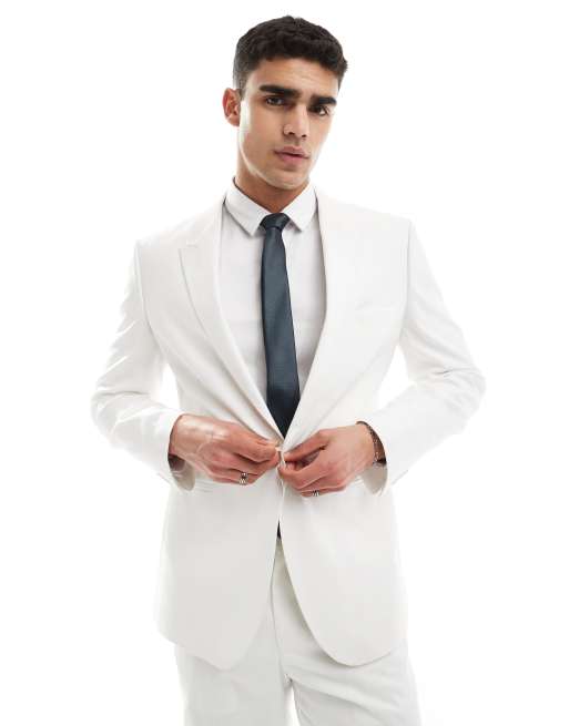 Chaqueta de traje blanco hueso de corte slim de tejido efecto lino de ASOS DESIGN